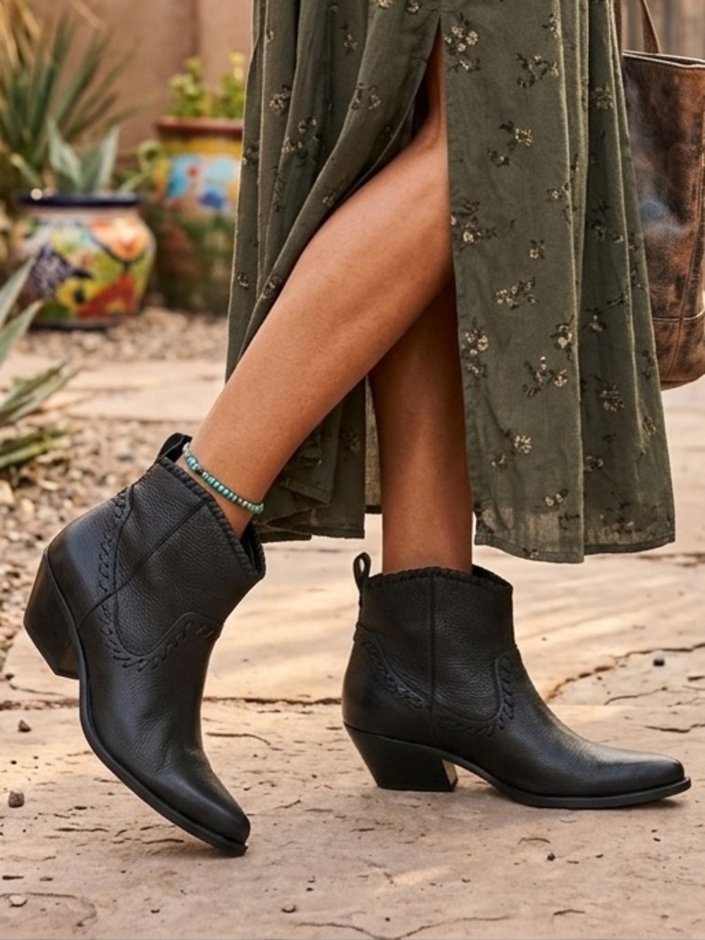 Gianni Bini Black Leather Western Ankle Booties – Boho Stitch Detail
